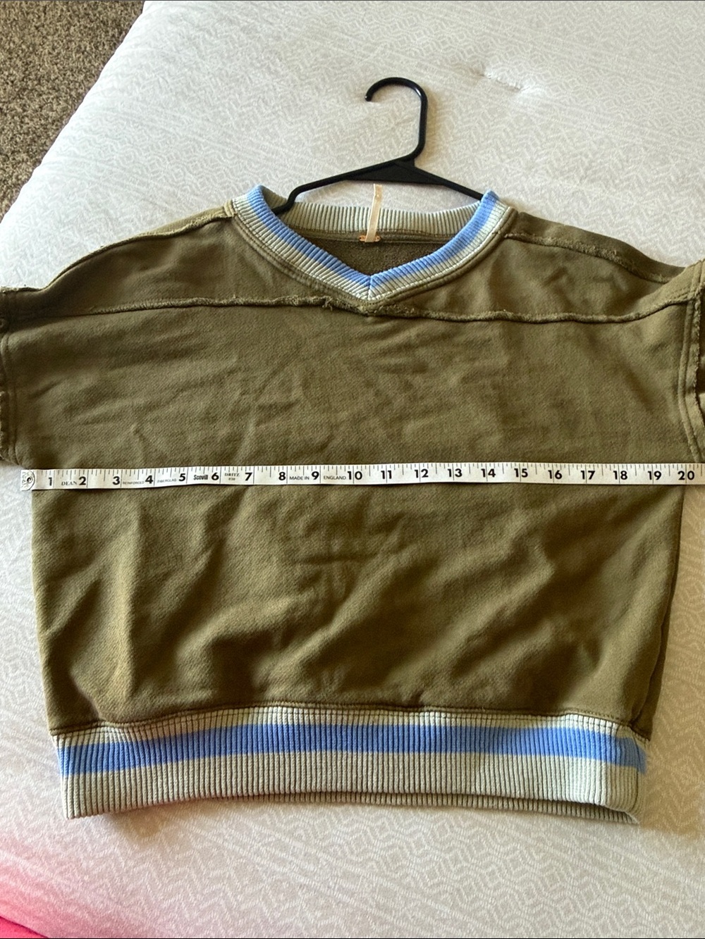 Free People rio sweater Olive Green V-Neck Sweatshirt with Blue-Trim - Picture 8 of 11
